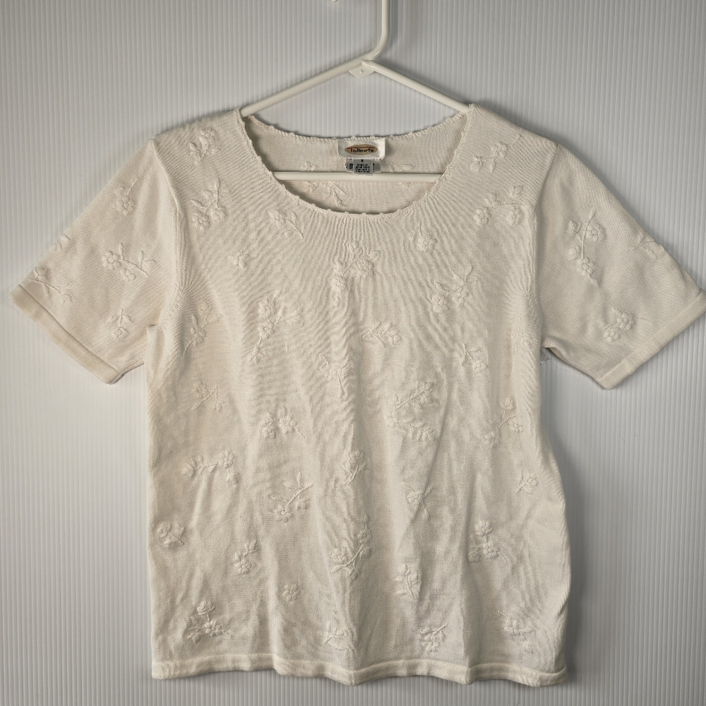 Talbots Womens Cream Embroidered Floral Short Sleeve Sweater Top Size Small